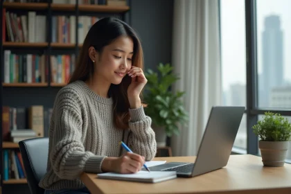 Jeune femme concentr&eacute;e travaillant sur son ordinateur dans un bureau moderne