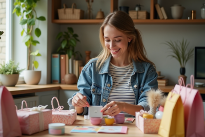Jeune femme souriante choisissant des goodybags dans la cuisine