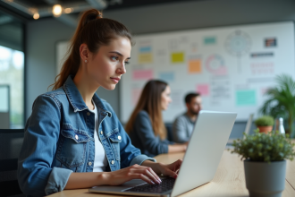 Jeune femme en coding dans un bureau moderne