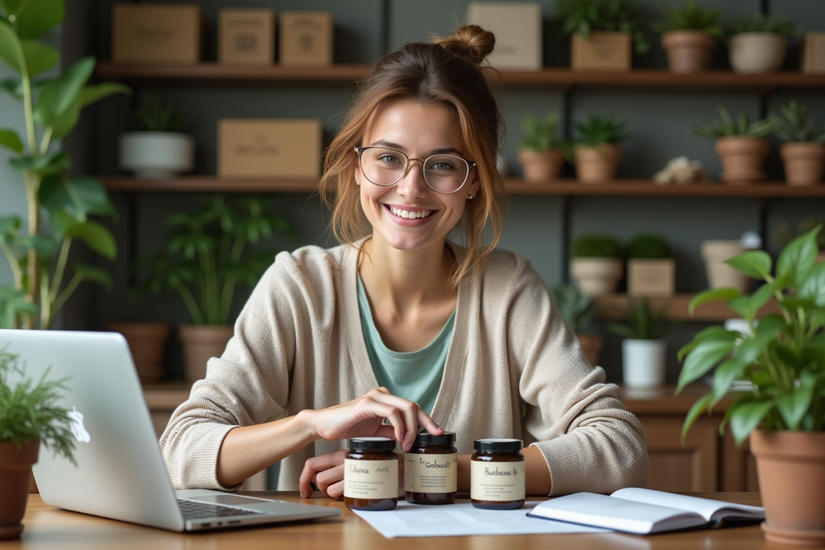 Jeune femme arrangeant des bocaux d'herbes médicinales dans un bureau cosy
