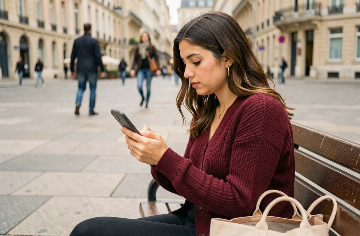 Jeune femme cherchant le numéro de contact Orange sur son téléphone en plein air