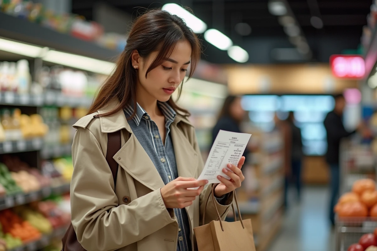 Jeune femme au supermarché vérifiant son ticket de caisse, symbolisant la difficulté de boucler les fins de mois avec un taux horaire insuffisant