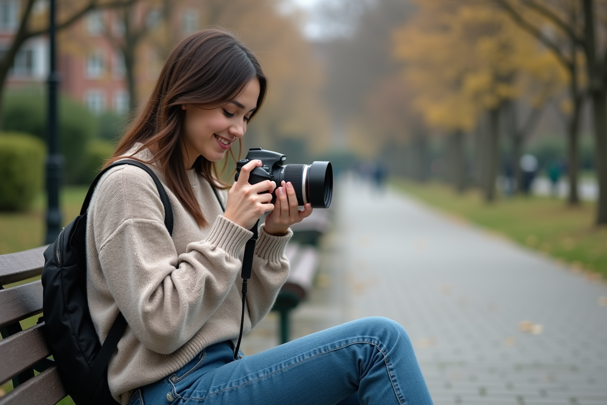 Jeune femme testant un objectif photo dans un parc urbain