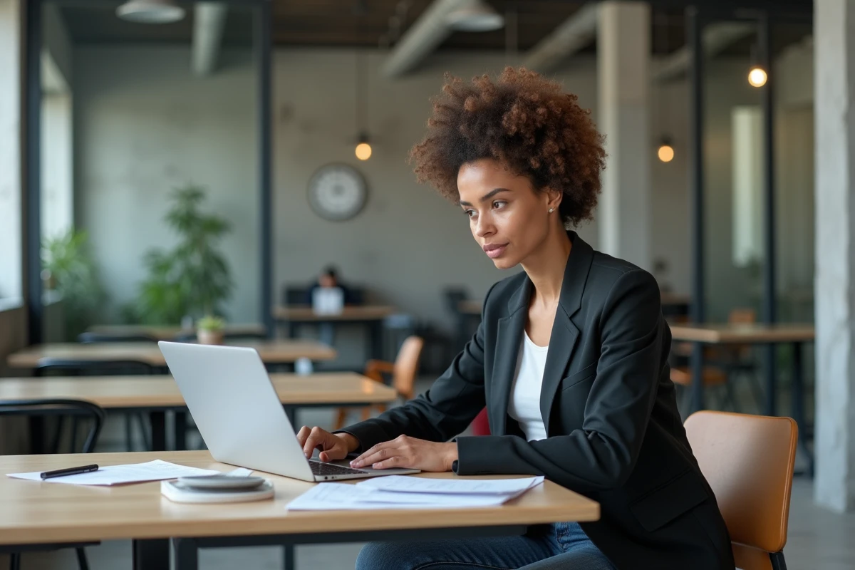 Jeune femme en blazer dans un espace de coworking moderne