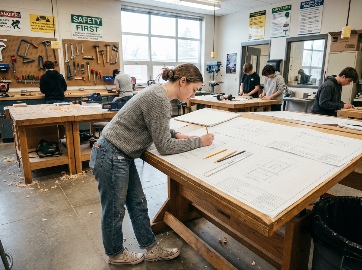 Jeune femme en atelier technique avec ses camarades et outils