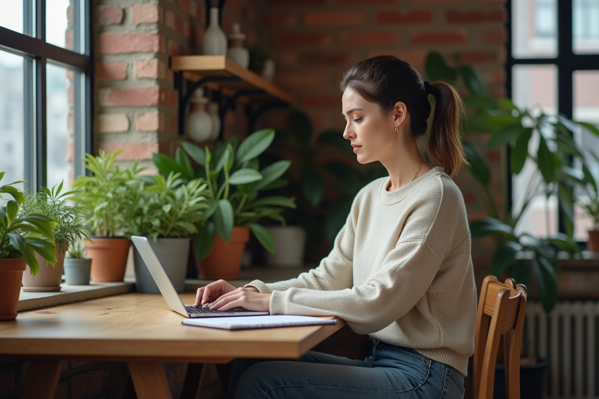 Jeune femme marketing travaillant à son ordinateur dans un appartement cosy