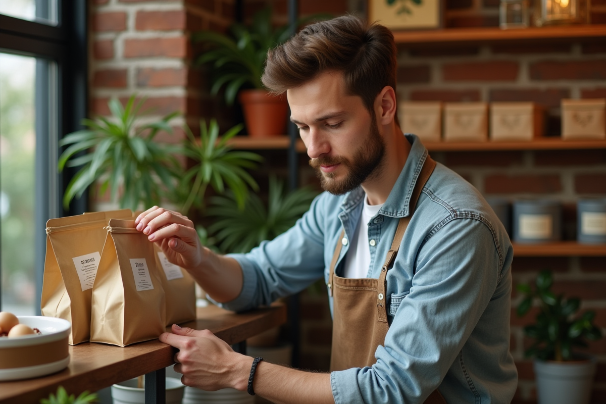 Jeune homme arrangeant des sacs de café dans une boutique chaleureuse