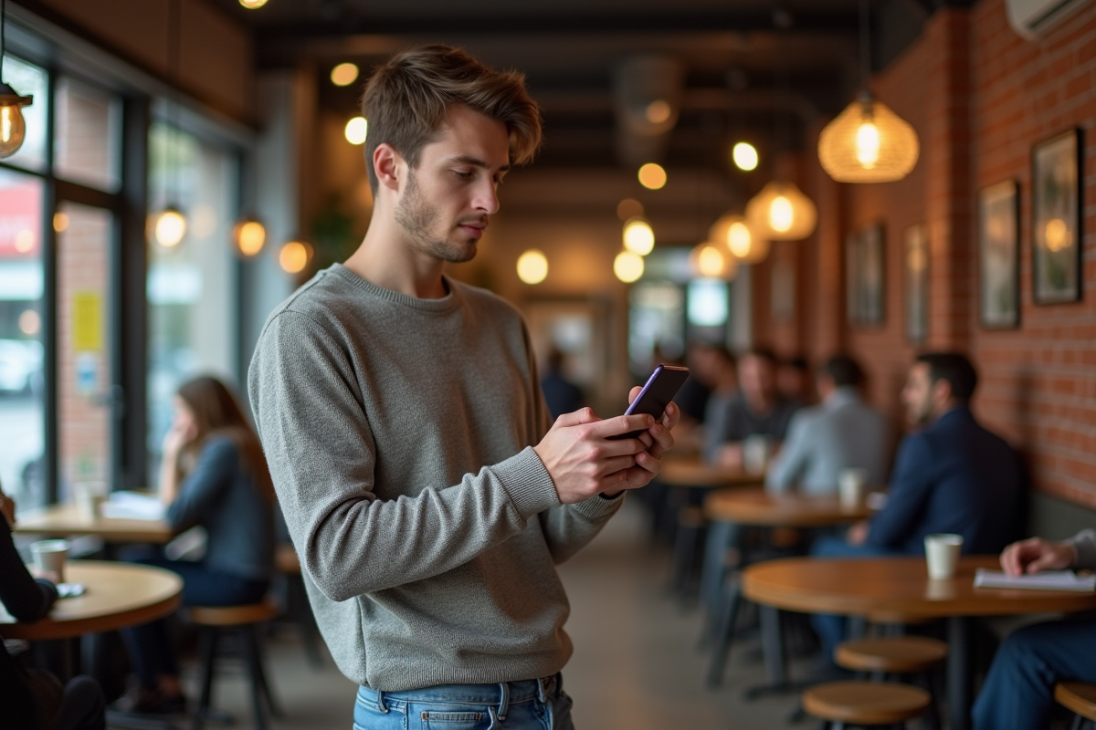 Jeune homme utilise son smartphone dans un café animé