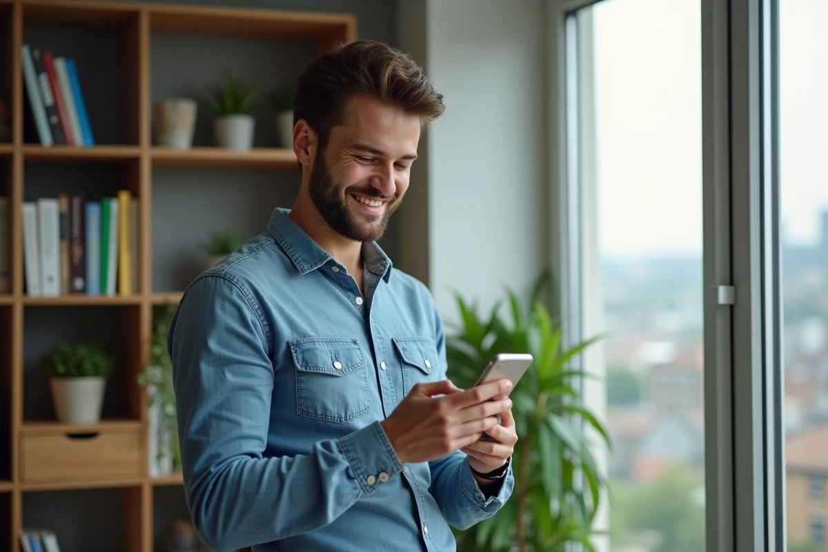 Jeune homme souriant utilisant son smartphone &agrave; la maison