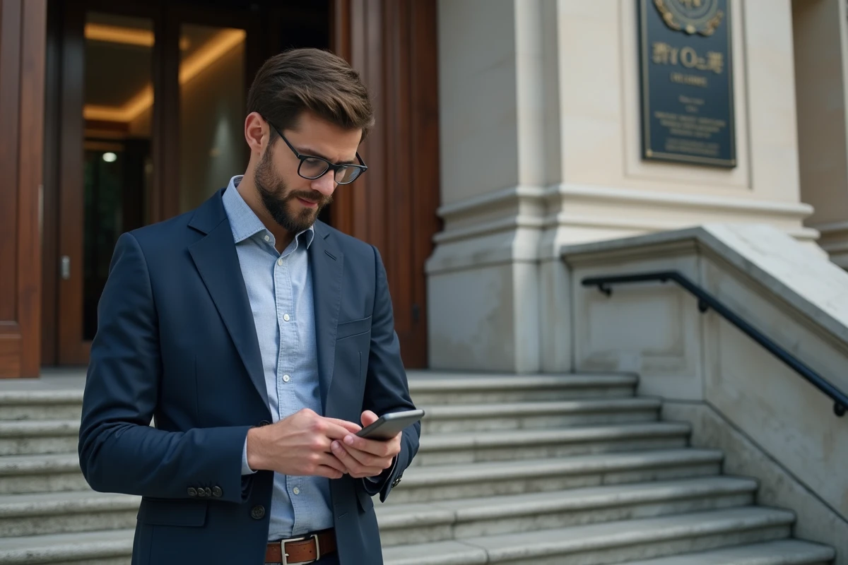 Jeune homme vérifiant documents officiels devant un bâtiment