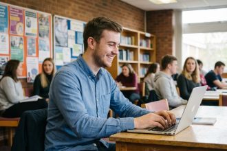 Jeune homme souriant travaillant sur un ordinateur dans une universite