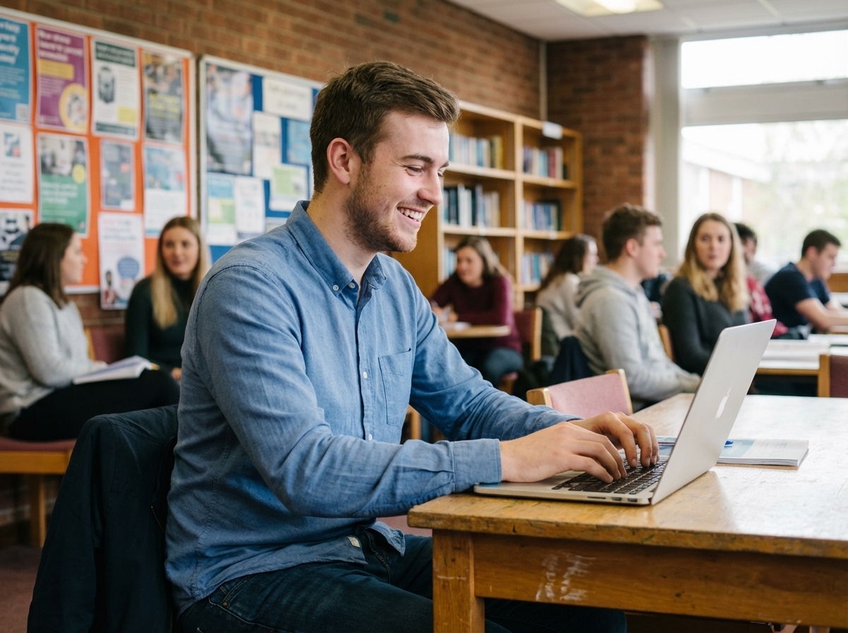 Jeune homme souriant travaillant sur un ordinateur dans une universite