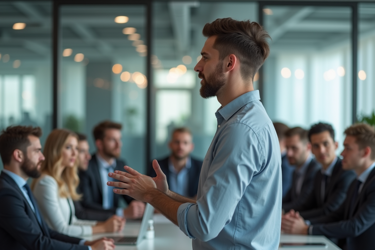 Jeune homme expliquant un sujet dans un bureau moderne