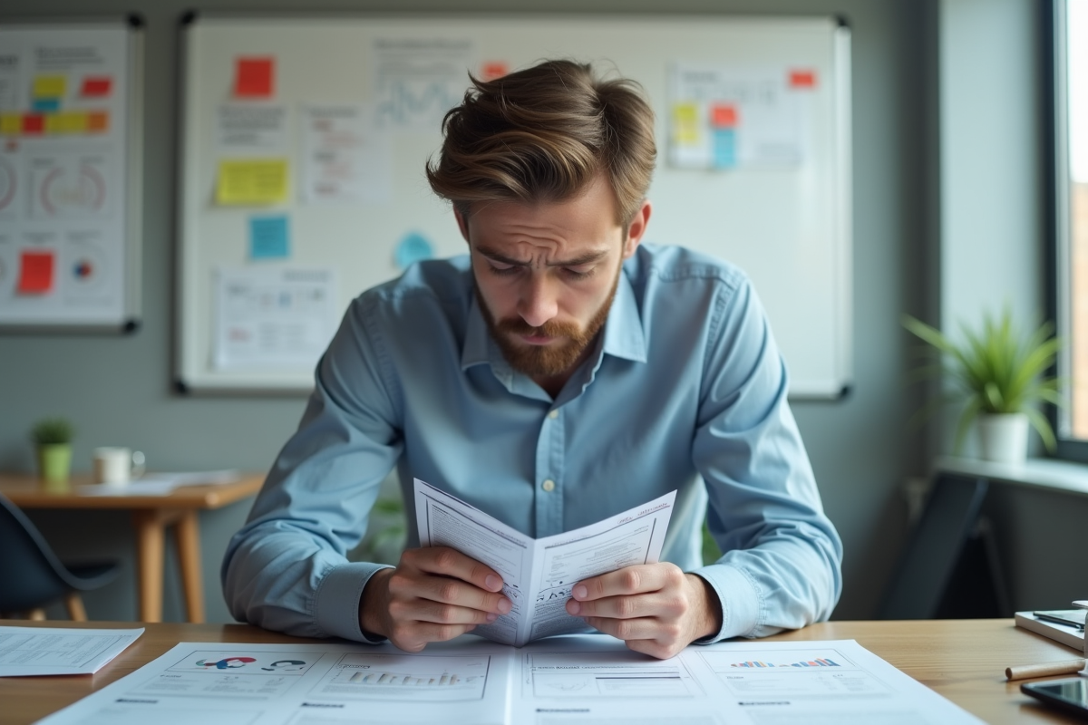 Jeune homme frustré avec brochures marketing