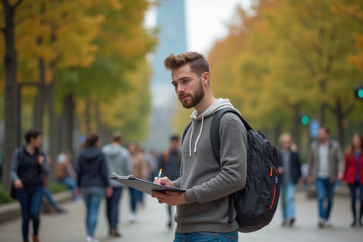 Jeune homme avec un carnet dans un parc urbain animé