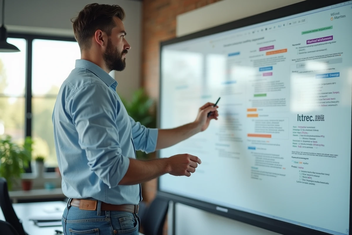 Jeune homme expliquant un diagramme sur tableau interactif