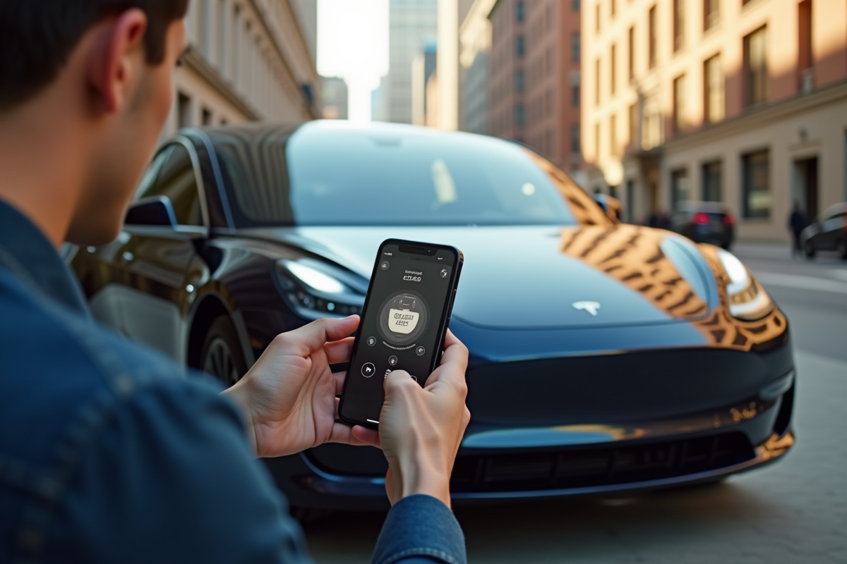 Jeune professionnel utilisant son smartphone pour contrôler la Tesla