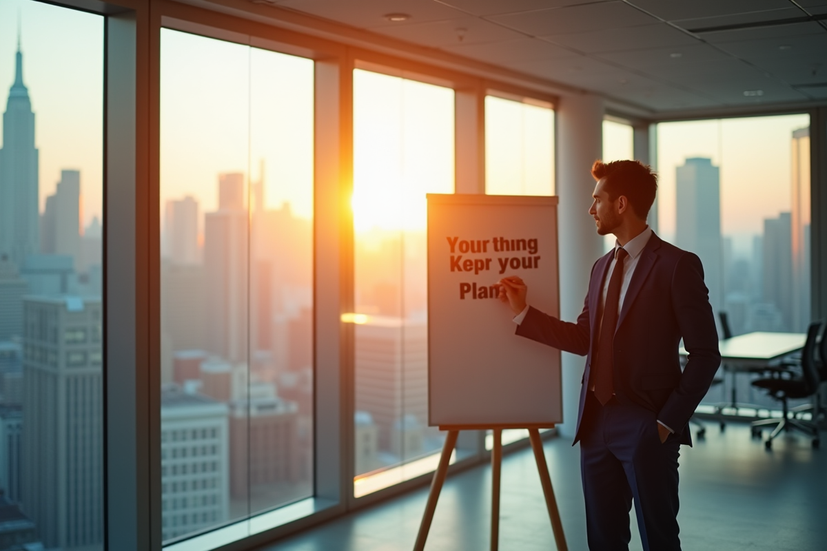 Jeune professionnel confiant dans un bureau moderne avec vue sur la ville