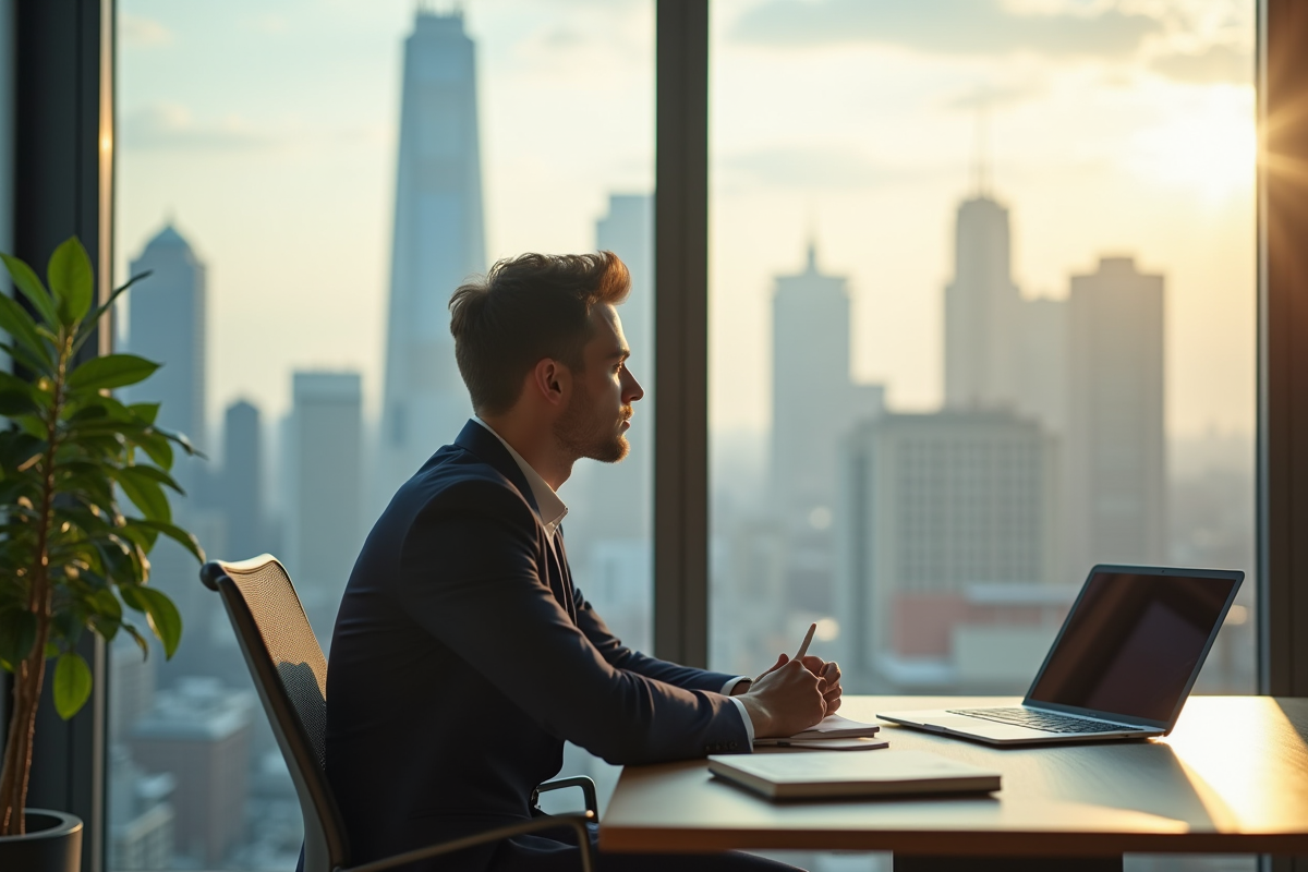 Jeune professionnel regardant la ville depuis un bureau lumineux