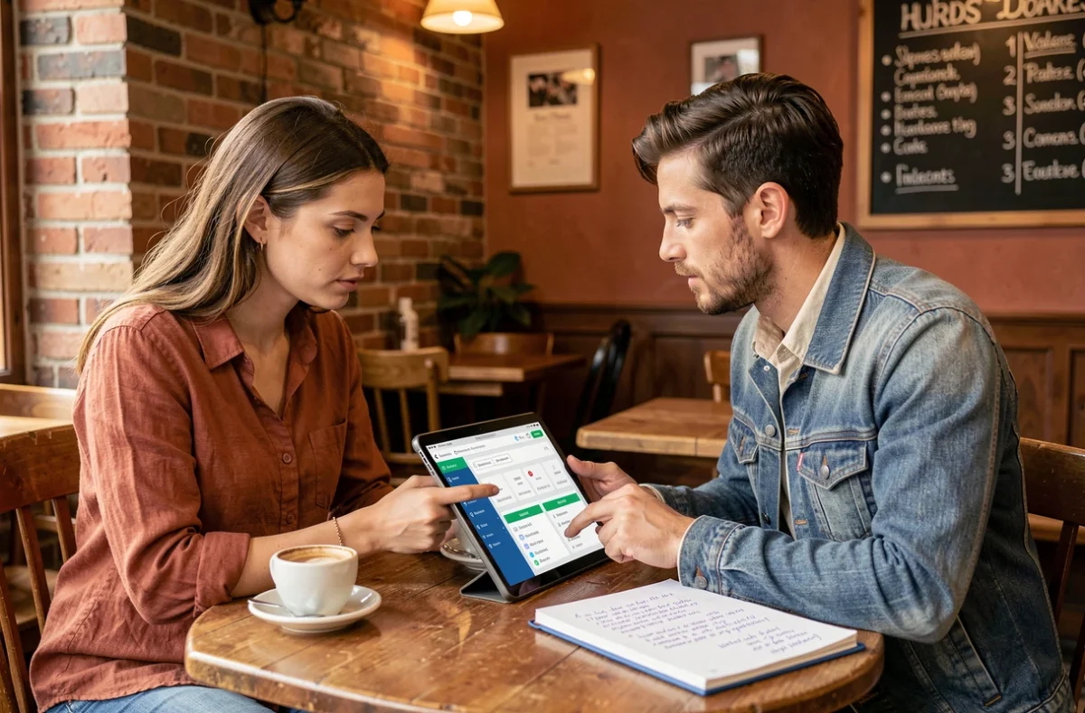 Deux jeunes créateurs d'entreprise collaborant sur une plateforme business dans un café indépendant