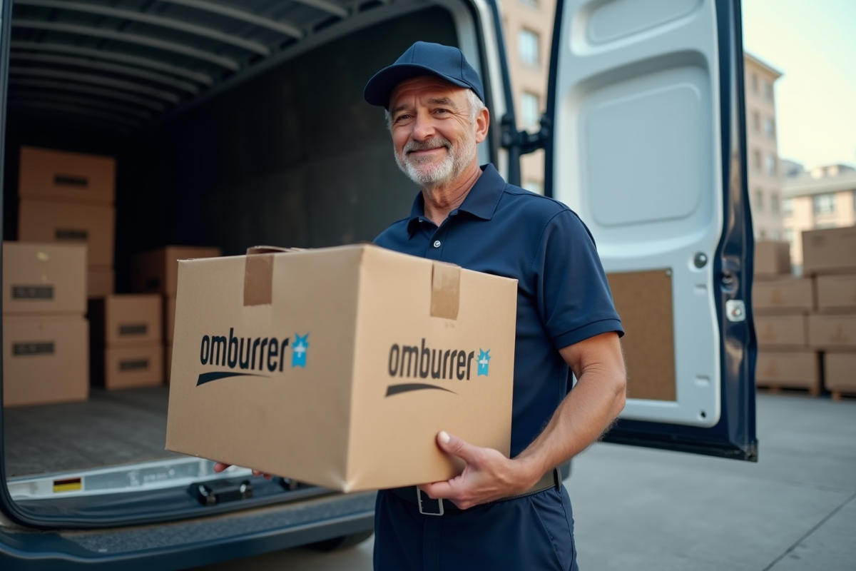 Livreur déchargeant des colis devant un entrepôt industriel