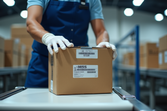 Livreur FedEx manipulant un colis fragile dans un centre de tri