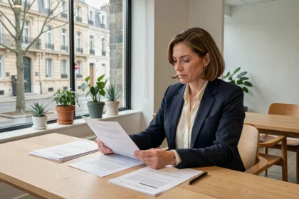 Femme professionnelle consultant un contrat de location de bureau à Saint-Germain-en-Laye