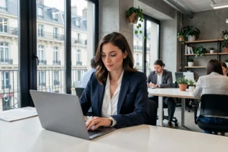 Femme professionnelle travaillant dans un espace de coworking parisien moderne avec bureaux à louer à l'heure