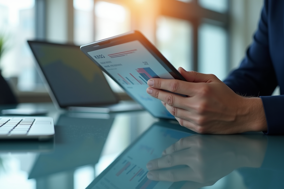 Main d’un professionnel tenant une tablette avec graphique KPI en lumière naturelle
