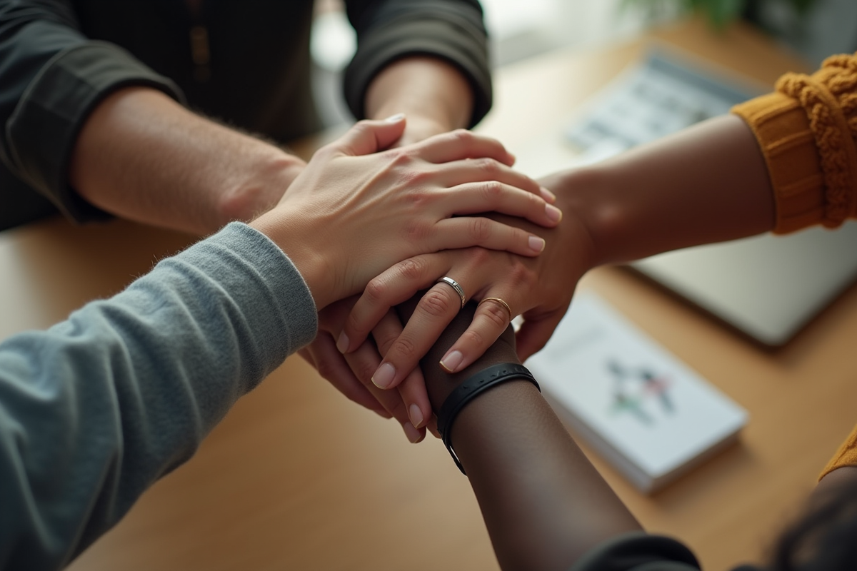 Mains entrelacees de différentes ethnies sur une table en bois