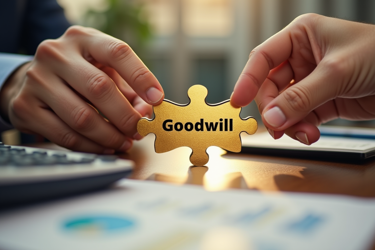 Deux mains passant une pièce de puzzle orée Goodwill sur un bureau en bois