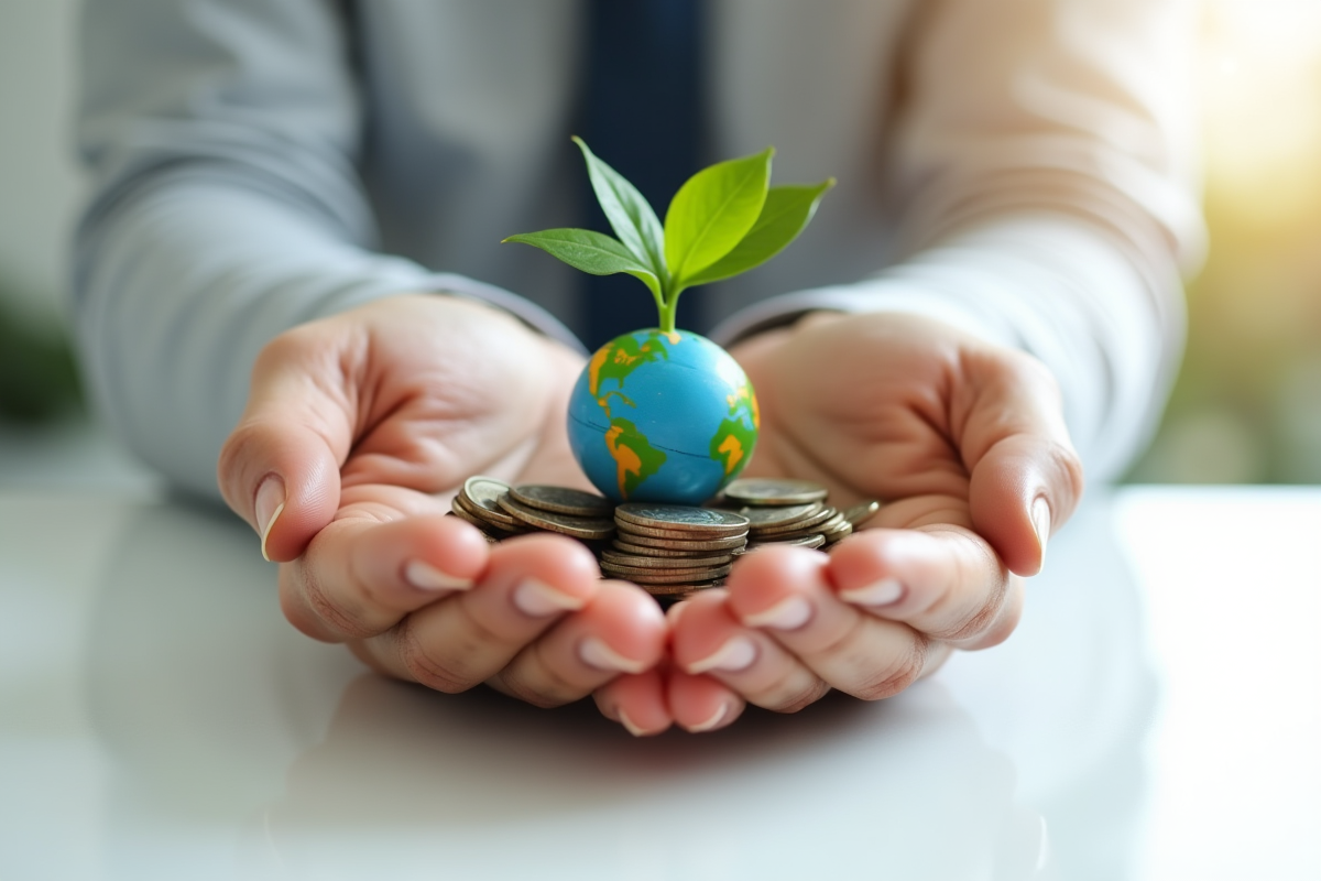 Mains tenant un globe une plante et des pièces symbolisant la durabilite