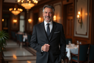 Homme maître d'hôtel en costume dans un restaurant élégant