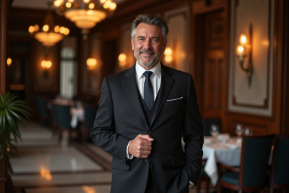 Homme maître d'hôtel en costume dans un restaurant élégant