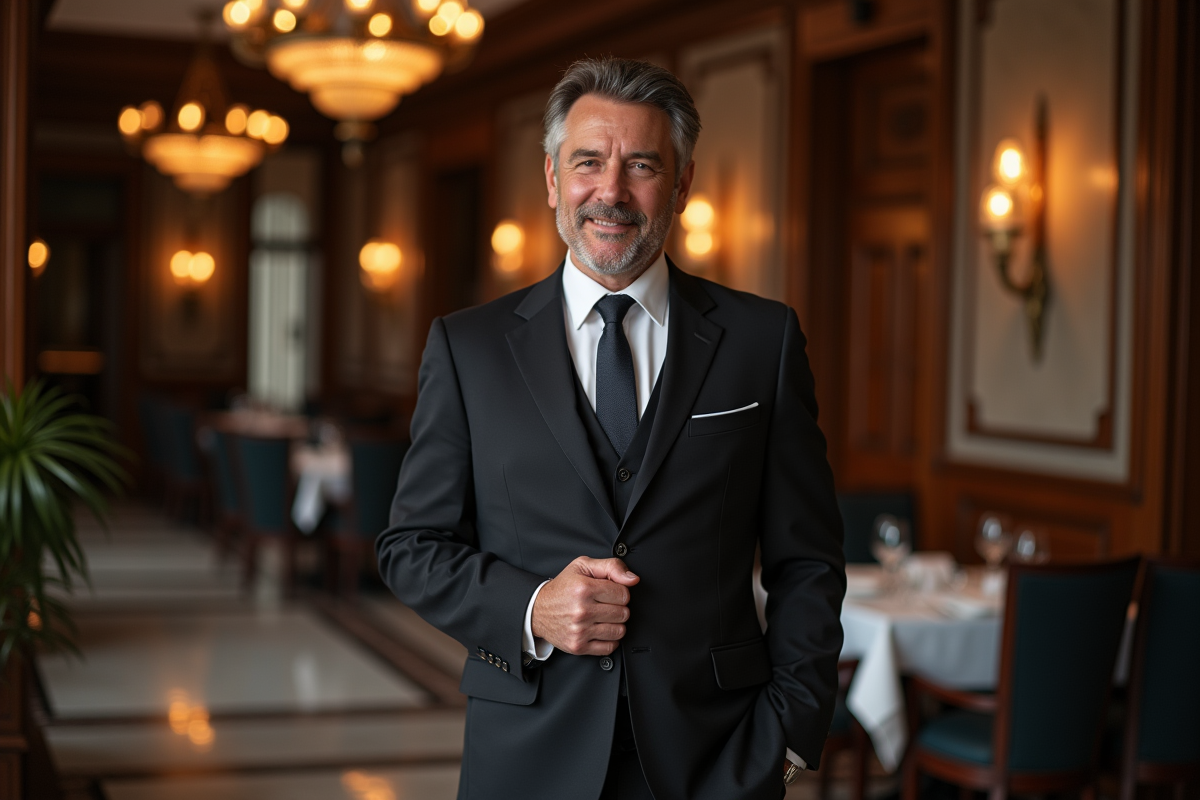 Homme maître d'hôtel en costume dans un restaurant élégant