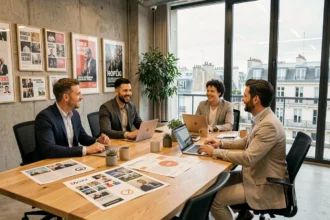 Équipe d'une agence de communication des Hauts-de-Seine réunie autour d'une table de travail avec moodboards et campagnes publicitaires