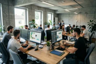 Équipe d'une agence de création de sites internet dans l'Ain travaillant sur des projets web dans un espace de travail moderne