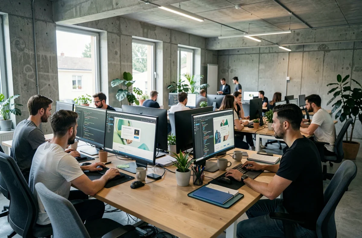 Équipe d'une agence de création de sites internet dans l'Ain travaillant sur des projets web dans un espace de travail moderne