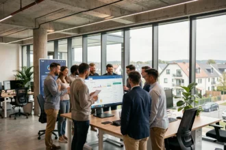 Équipe d'une agence Google Ads en Essonne travaillant sur des campagnes publicitaires digitales dans un bureau moderne