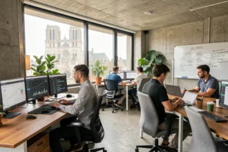 Vue d'ensemble d'une agence SEO moderne à Chartres en Eure-et-Loir avec des professionnels travaillant sur des stratégies de référencement naturel