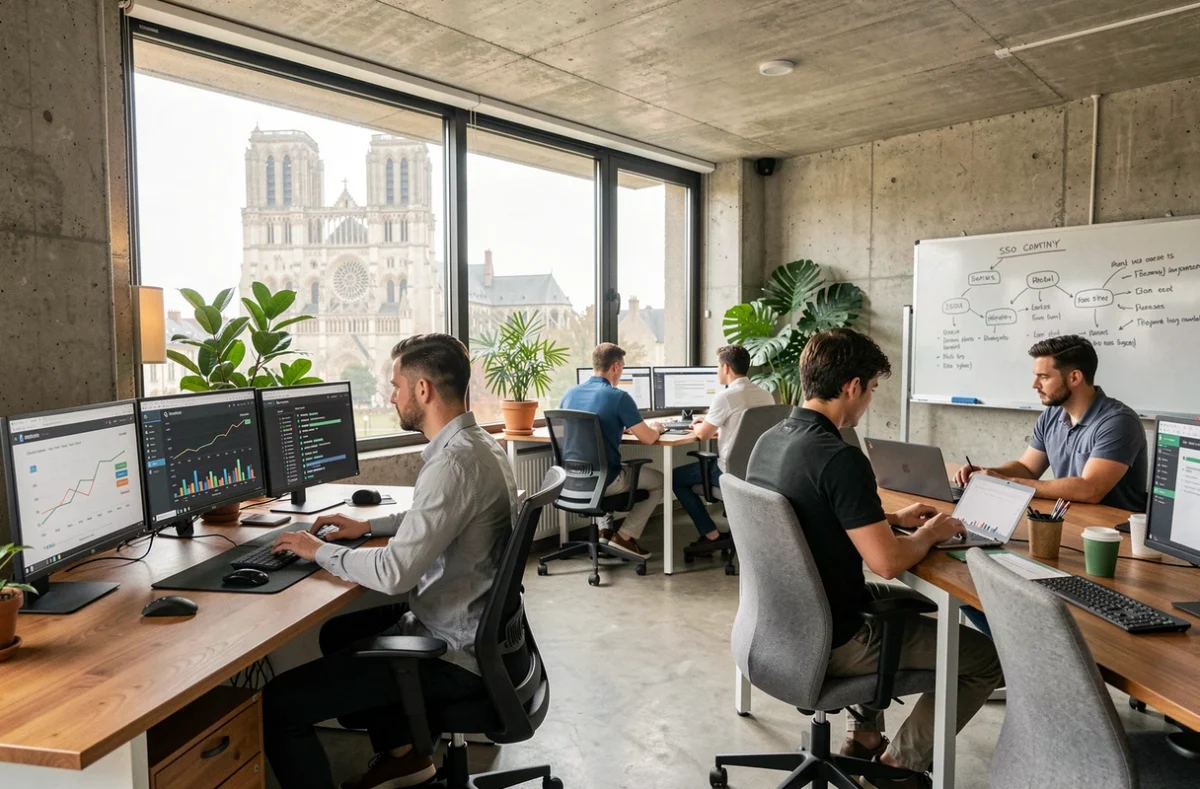 Vue d'ensemble d'une agence SEO moderne à Chartres en Eure-et-Loir avec des professionnels travaillant sur des stratégies de référencement naturel
