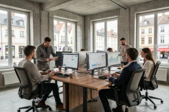 Vue d'ensemble d'une agence SEO moderne dans le Haut-Rhin avec des professionnels travaillant sur des tableaux de bord d'analyse numérique