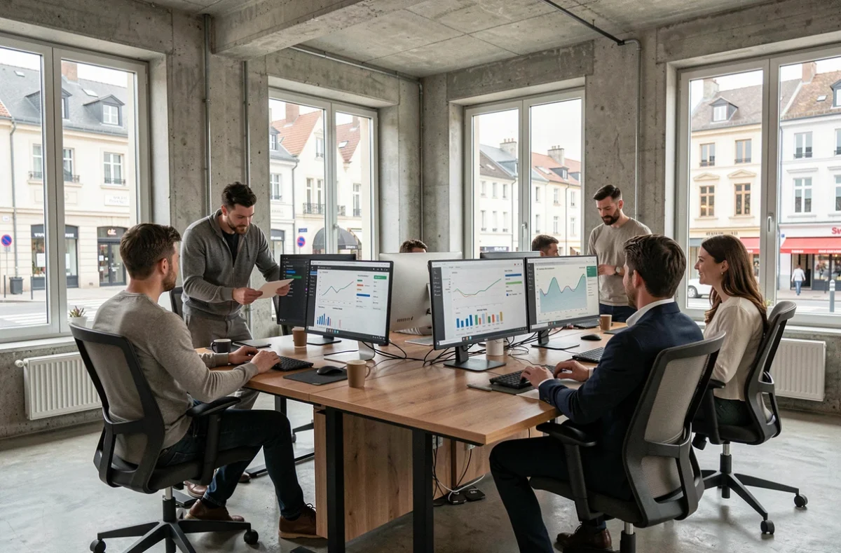 Vue d'ensemble d'une agence SEO moderne dans le Haut-Rhin avec des professionnels travaillant sur des tableaux de bord d'analyse numérique