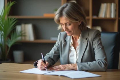 Collègue rédigeant un message de condoléances manuscrit à son bureau avec une expression sincère et attentionnée