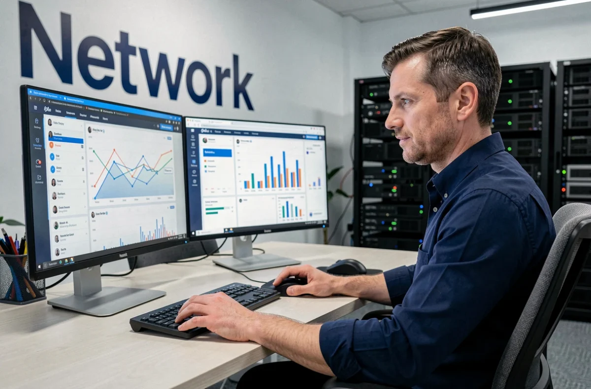 Stratège médias de NM Media Network analysant des tableaux de bord de réseaux sociaux sur un poste de travail double écran