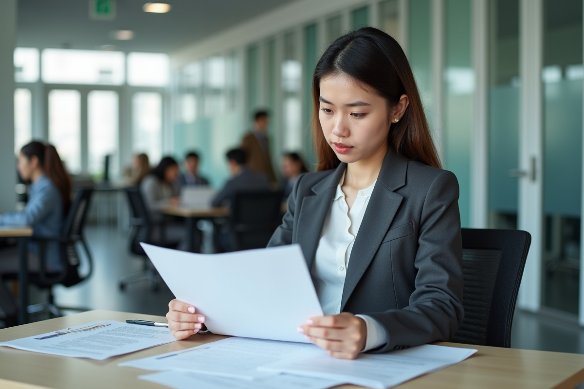 Jeune femme en tenue décontractée examinant des documents au bureau