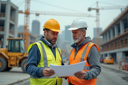 Ouvrier de construction en veston réfléchissant sur un chantier urbain