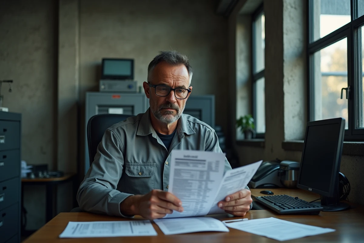 Ouvrier d'usine en travail de nuit qui analyse deux bulletins de salaire pour comparer horaire et forfait