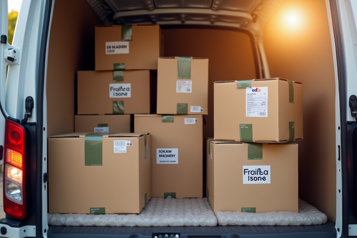 Pile de colis fragiles dans une camionnette FedEx en plein soleil