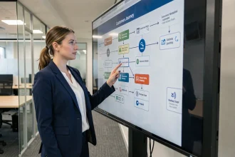 Professionnelle pointant un parcours client numérique sur un écran tactile dans un bureau moderne